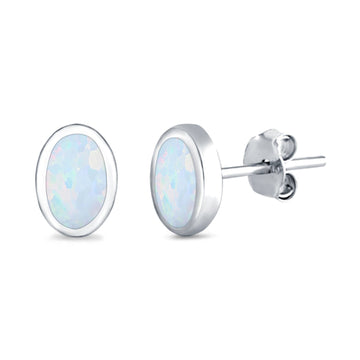 Solitaire Oval Stud Earrings Lab Created White Opal 925 Sterling Silver